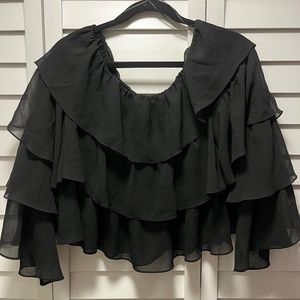 Zara Woman Black Tiered Ruffled Off The Shoulder Crop Top Ruffled Sleeves - L